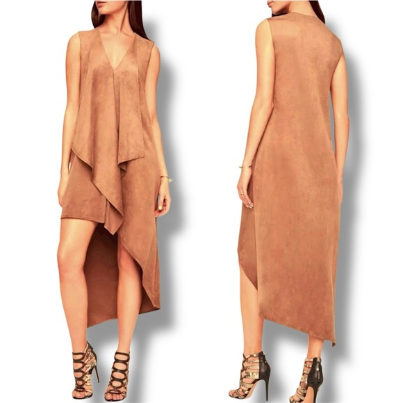 BCBG Maxazria Trar Faux Suede Cascade Asymmtrical Hem Dress Women’s L Chic New - Picture 1 of 7